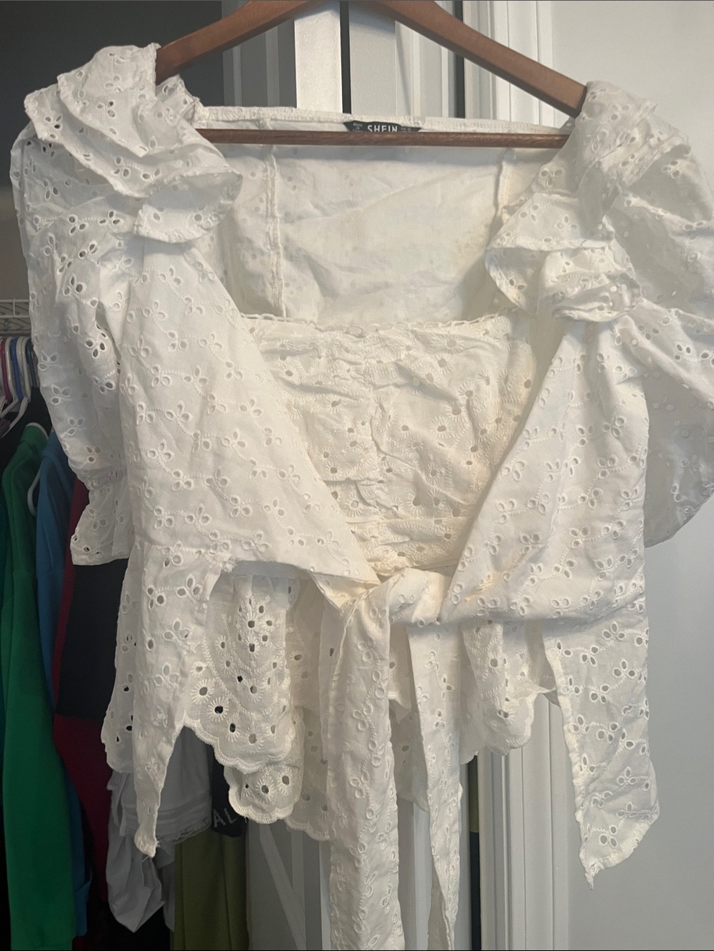 SHEIN White Eyelet Ruffle Tie-Front Crop Top